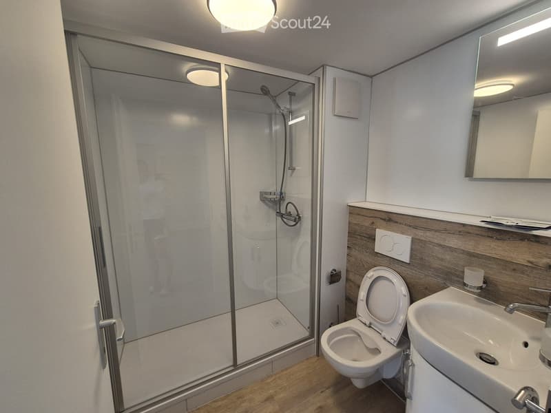 Modern bathroom with a glass-enclosed shower, toilet, sink, and a large mirror above the sink. The walls are white with a wooden accent wall.