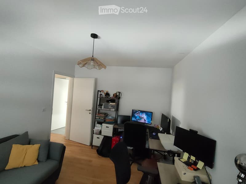 A modern living room with a sofa, a chair, a table, a laptop, a screen, a shelf, and a lamp.