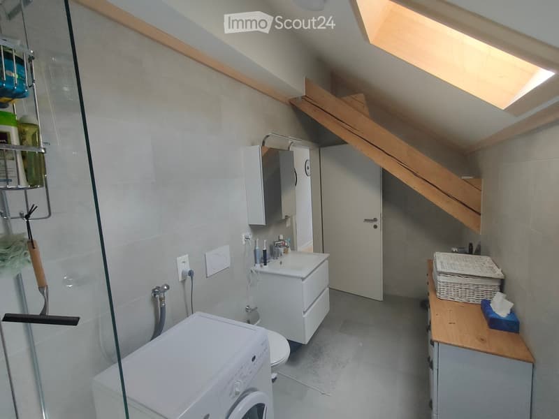 Modern bathroom with a white sink, mirror, cabinet, washing machine, toilet, and a wicker basket on a wooden shelf. The room features a skylight and a glass shower enclosure.