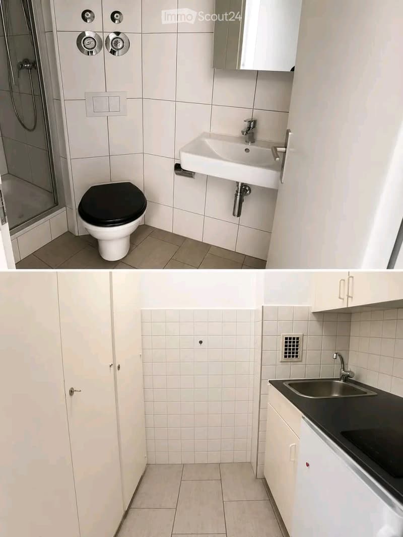 Modern bathroom with white tiles, a toilet, a sink, a mirror, and a cabinet. The second image shows a small kitchen area with white cabinets, a sink, and a countertop.