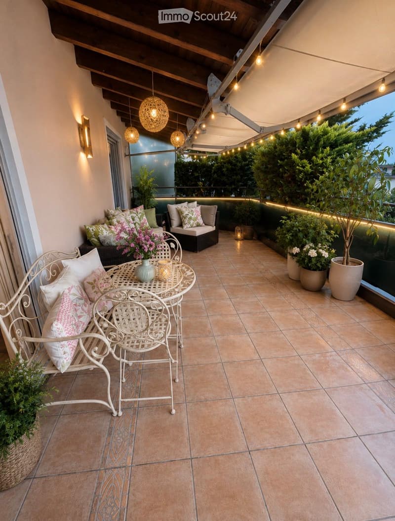 Balcony with tiled floor, wooden ceiling, hanging lights, bench, table, chairs, and potted plants.