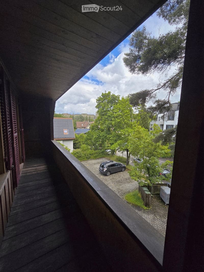 Balcony overlooking a paved area with a parked car, greenery, and distant buildings under a partly cloudy sky.