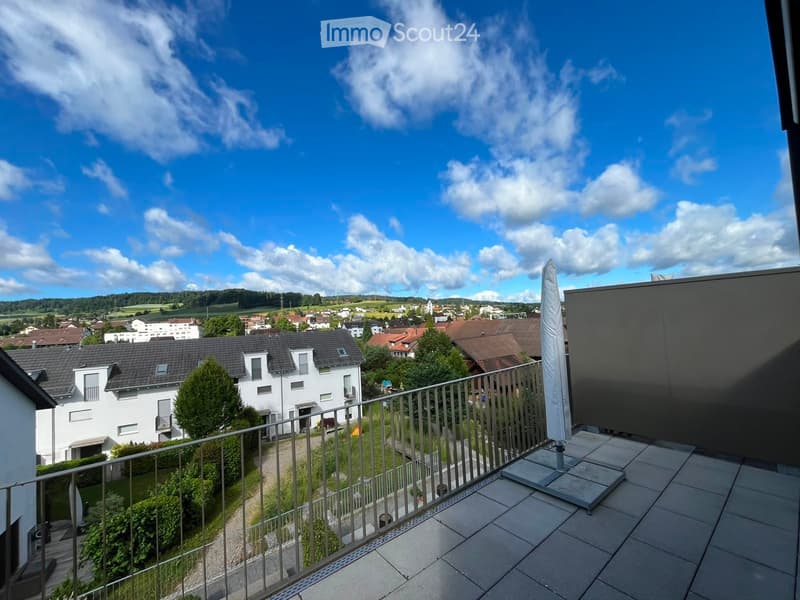 Balcony with tiled floor, metal railing, and a view of a suburban neighborhood with houses, trees, and a clear blue sky.