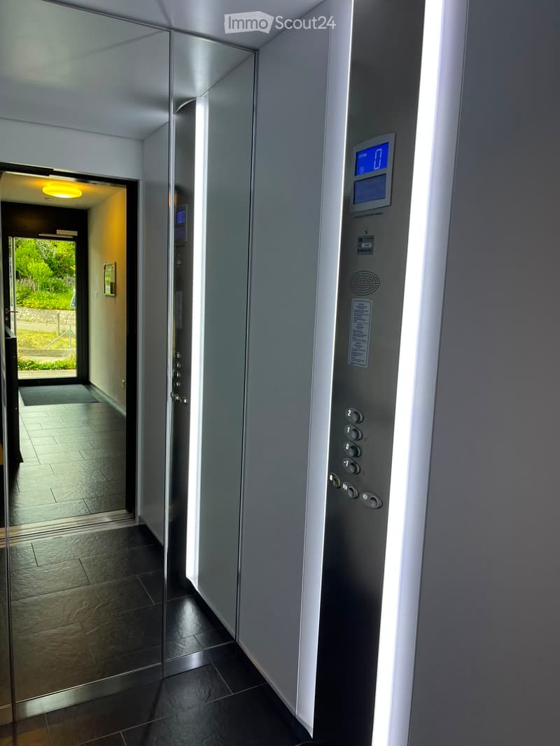 Modern hallway with dark tiled flooring, elevator panel, and a view of a garden area through a glass door.