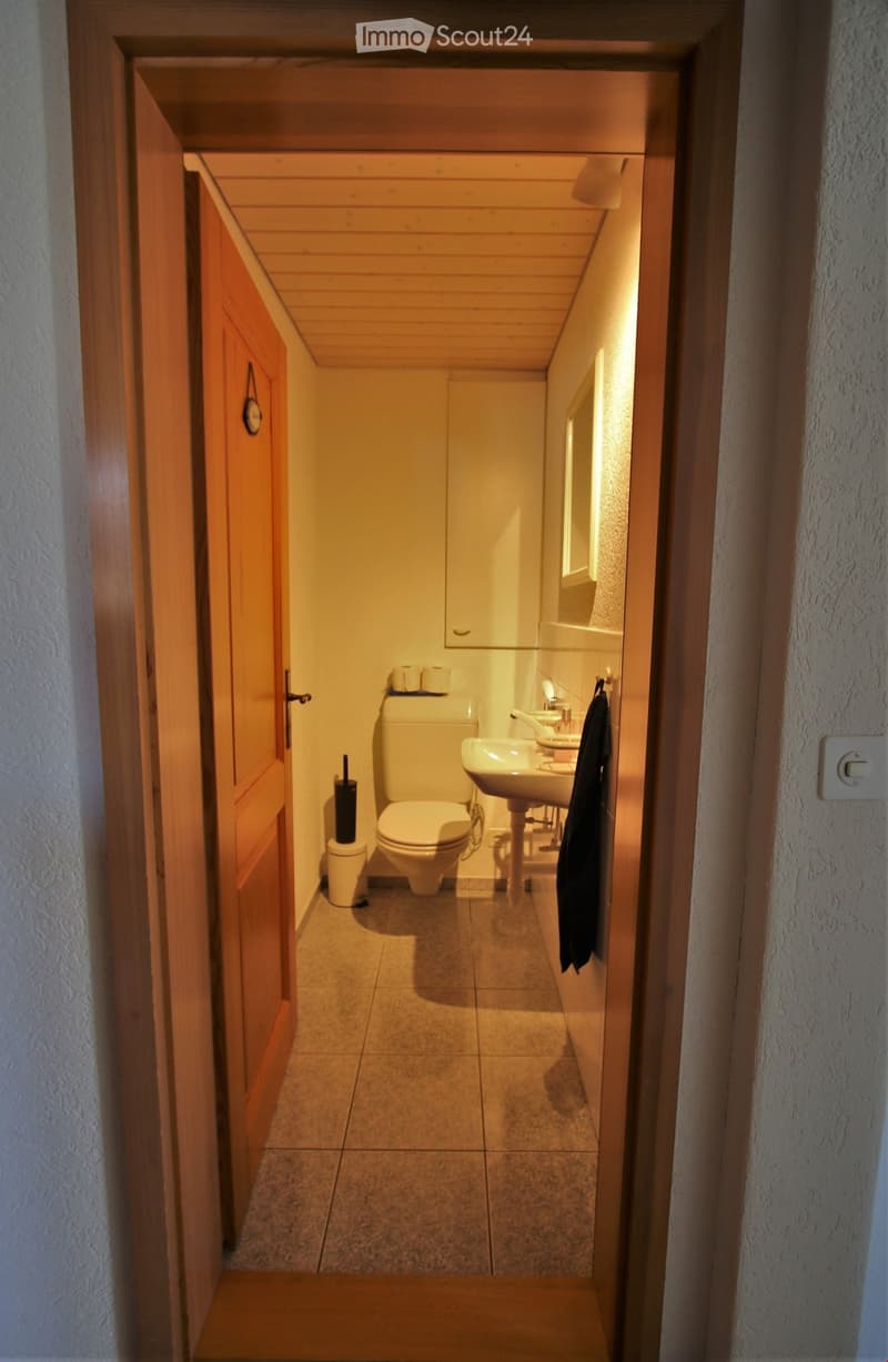 A small, well-lit bathroom with a toilet, sink, mirror, and a towel hanging on the wall. The floor is tiled, and the walls are painted in a light color.