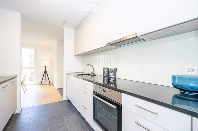 Modern kitchen with white cabinets, stainless steel appliances, and a sleek black countertop. Features include a sink, faucet, oven, and a small stool near the window. A floor lamp and a decorative bowl are also visible.