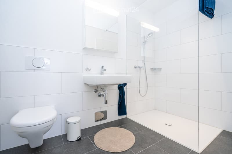 Modern bathroom with white tiles, a toilet, a sink with a mirror, a shower area with a glass enclosure, a small trash bin, and a round bathroom rug.