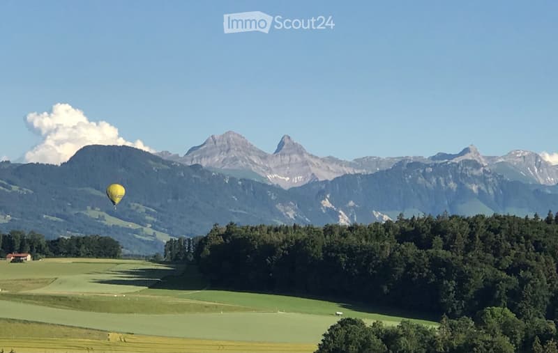 The image shows a scenic mountain landscape with a yellow hot air balloon floating in the sky. The mountains in the background have snow-capped peaks, and the foreground features rolling green hills and fields. There is a forested area in the middle groun