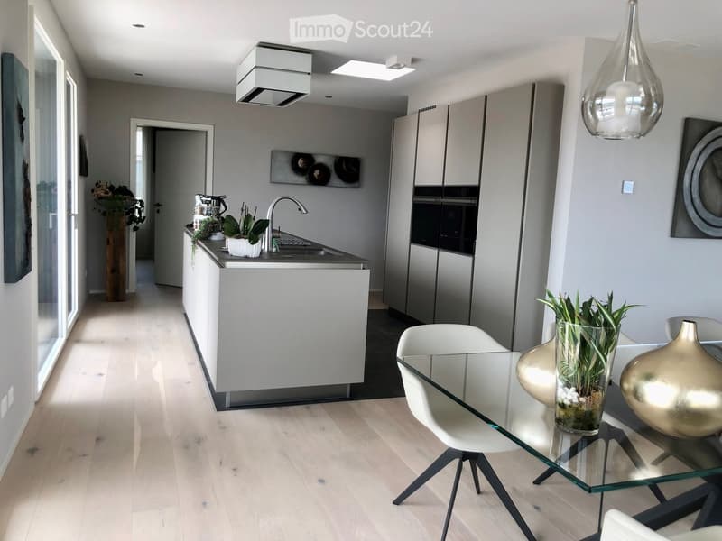 Modern, open-concept kitchen with gray cabinets, stainless steel appliances including a dishwasher, and a glass dining table with white chairs. The kitchen has a sleek, minimalist design with a clean, contemporary aesthetic.