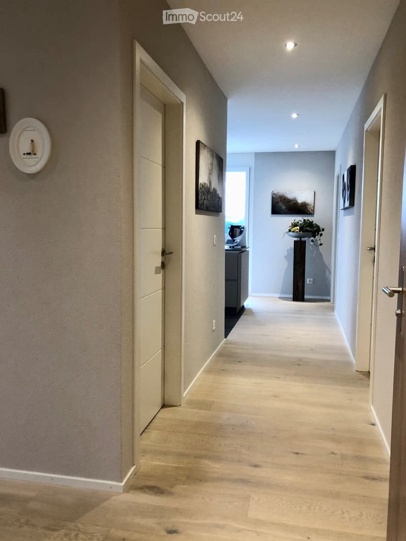 The image shows a hallway with white doors, light-colored hardwood floors, and artwork on the walls. The hallway appears to be well-lit with recessed lighting. There is a small table or stand with a potted plant near the end of the hallway.