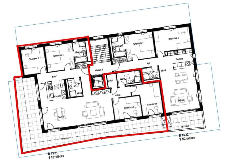 The image shows a floor plan of a residential property. It consists of 4 bedrooms, 2 bathrooms, a living room, a kitchen, and a terrace.