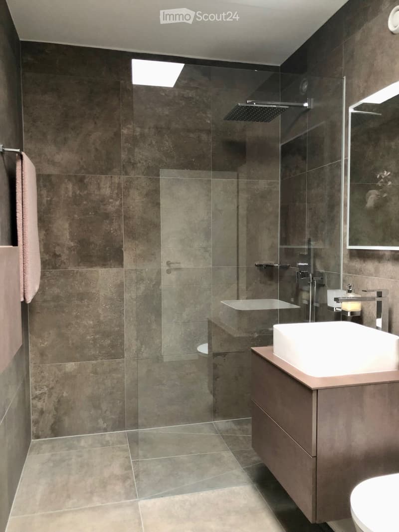 Large walk-in shower with glass enclosure, gray tile walls, vanity with sink, and towel rack
