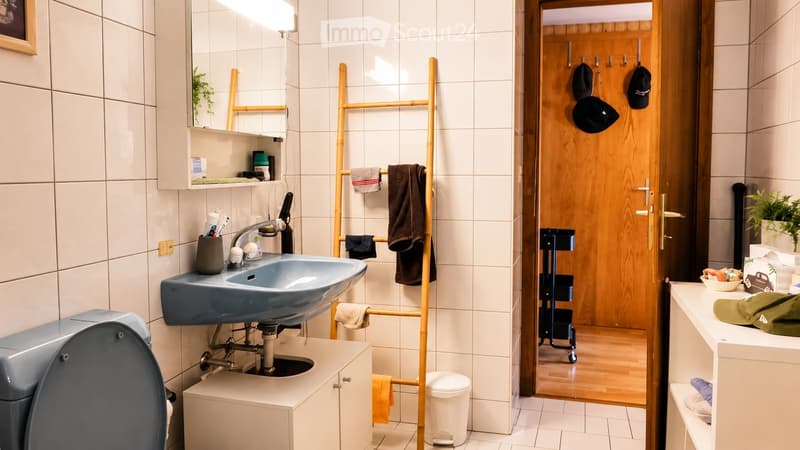 Modern bathroom with a blue sink, white tiles, a mirror, a toilet, and a towel rack with towels. A small plant and hats are visible on a shelf near the door.