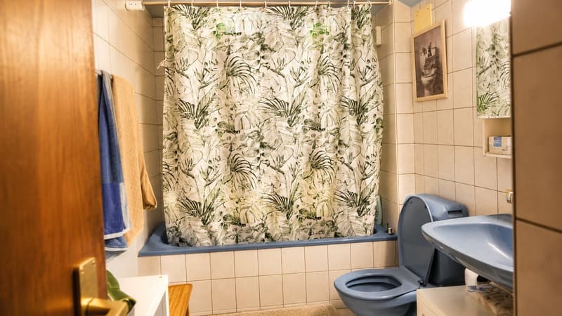 Bathroom with a blue toilet, sink, bathtub, and a leafy green shower curtain. A towel hangs on the left side, and a framed picture is on the wall.
