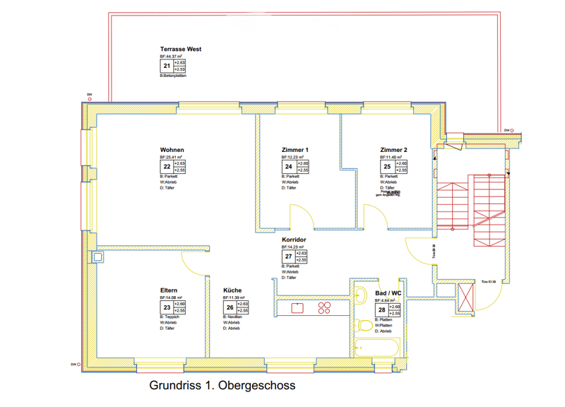 Floor plan of the upper floor showing a living area, two bedrooms, kitchen, bathroom, hallway, and a western terrace.