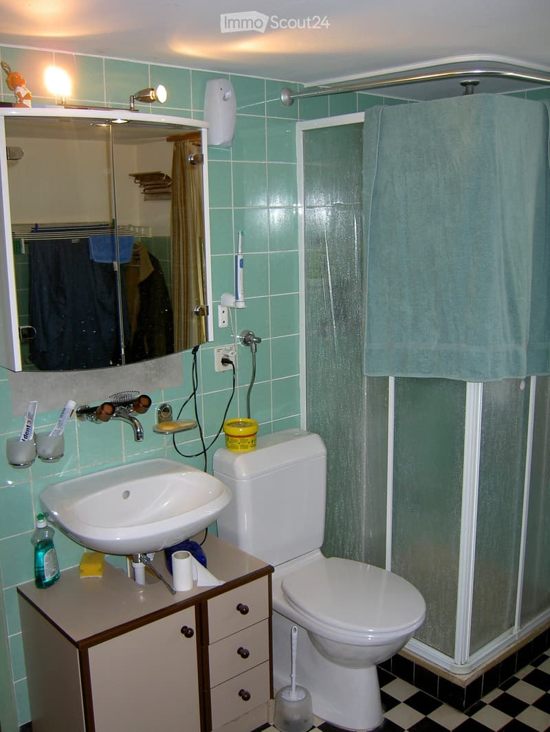Bathroom with green tiled walls, a white sink, a toilet, a shower with a glass enclosure, and a mirror above the sink. The sink has a faucet, and there are various toiletries and a towel visible.