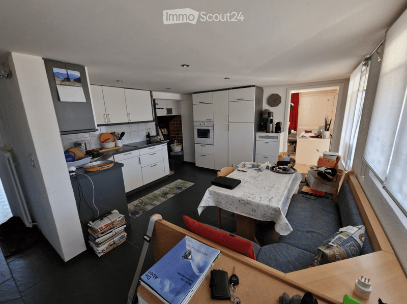 A modern kitchen and living area with white cabinets, a black countertop, a dining table with a patterned tablecloth, a sofa, and various kitchen appliances.