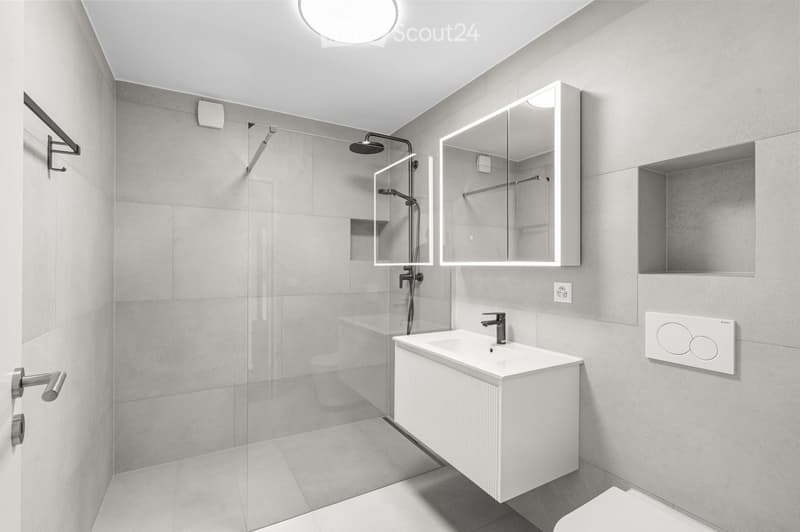 Modern bathroom with a white sink, mirrored cabinet, glass-enclosed shower, and a toilet. Features sleek fixtures and a minimalist design.