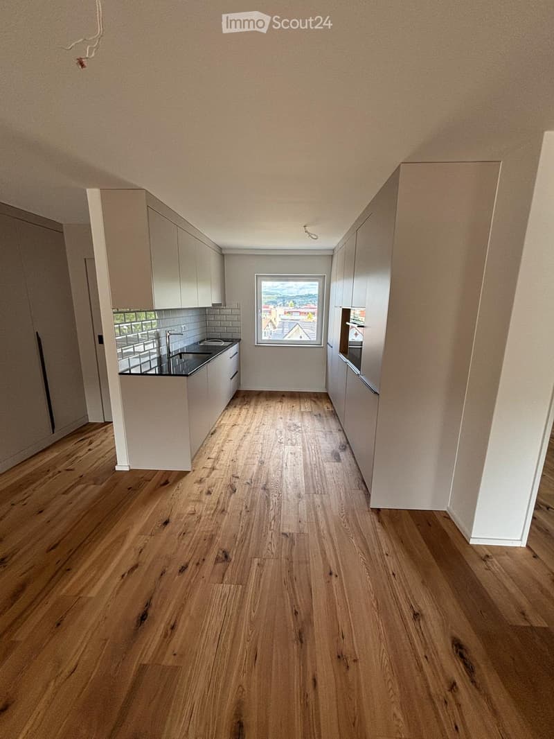 Modern kitchen with light-colored cabinets, wooden flooring, and a window overlooking a scenic view.