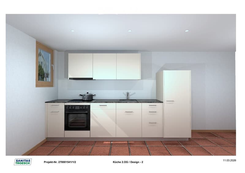 Modern kitchen with white cabinets, a black countertop, a stainless steel sink, a built-in oven, and a refrigerator. The floor is tiled in a reddish-brown color.