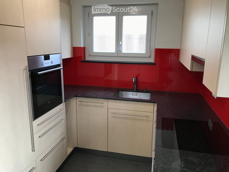 Modern kitchen with white cabinets, red accent wall, stainless steel oven, and sink.