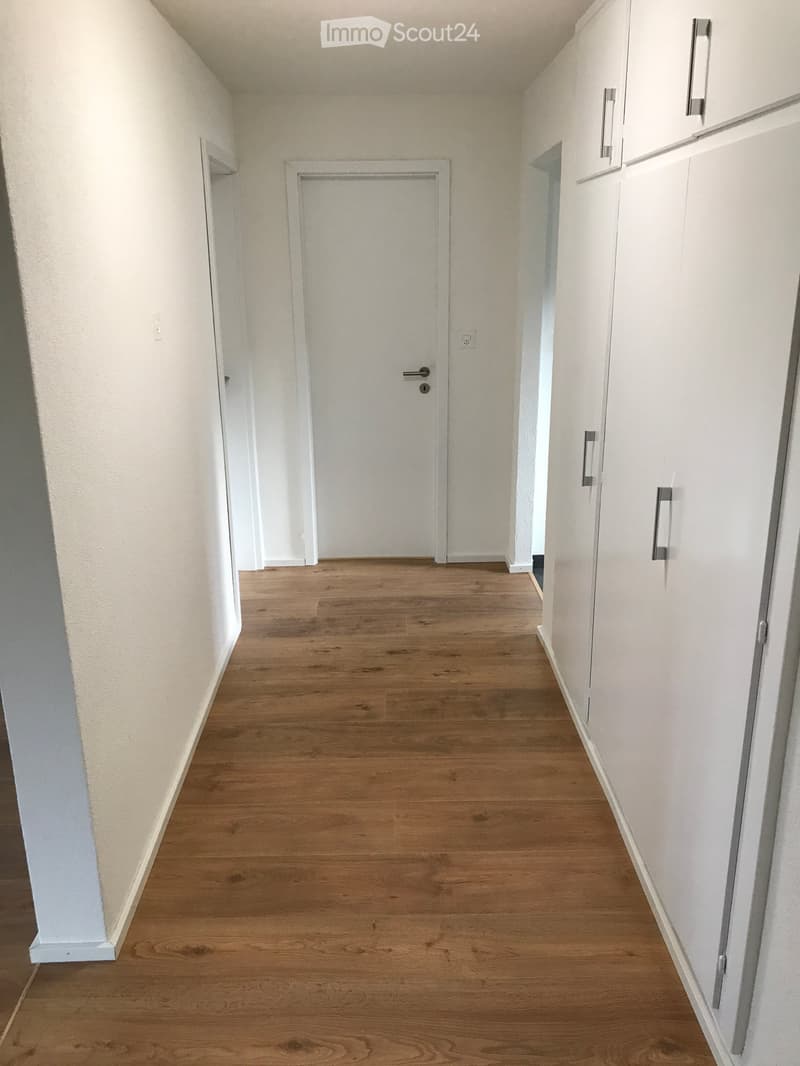 Empty hallway with wooden flooring, white walls, and several closed doors.