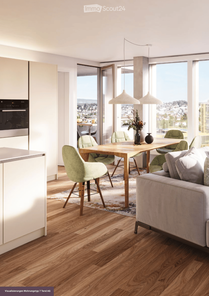Furnished Room. Modern open-plan living and dining area with wooden flooring, large windows offering a city view, a sofa, dining table with chairs, and an oven.