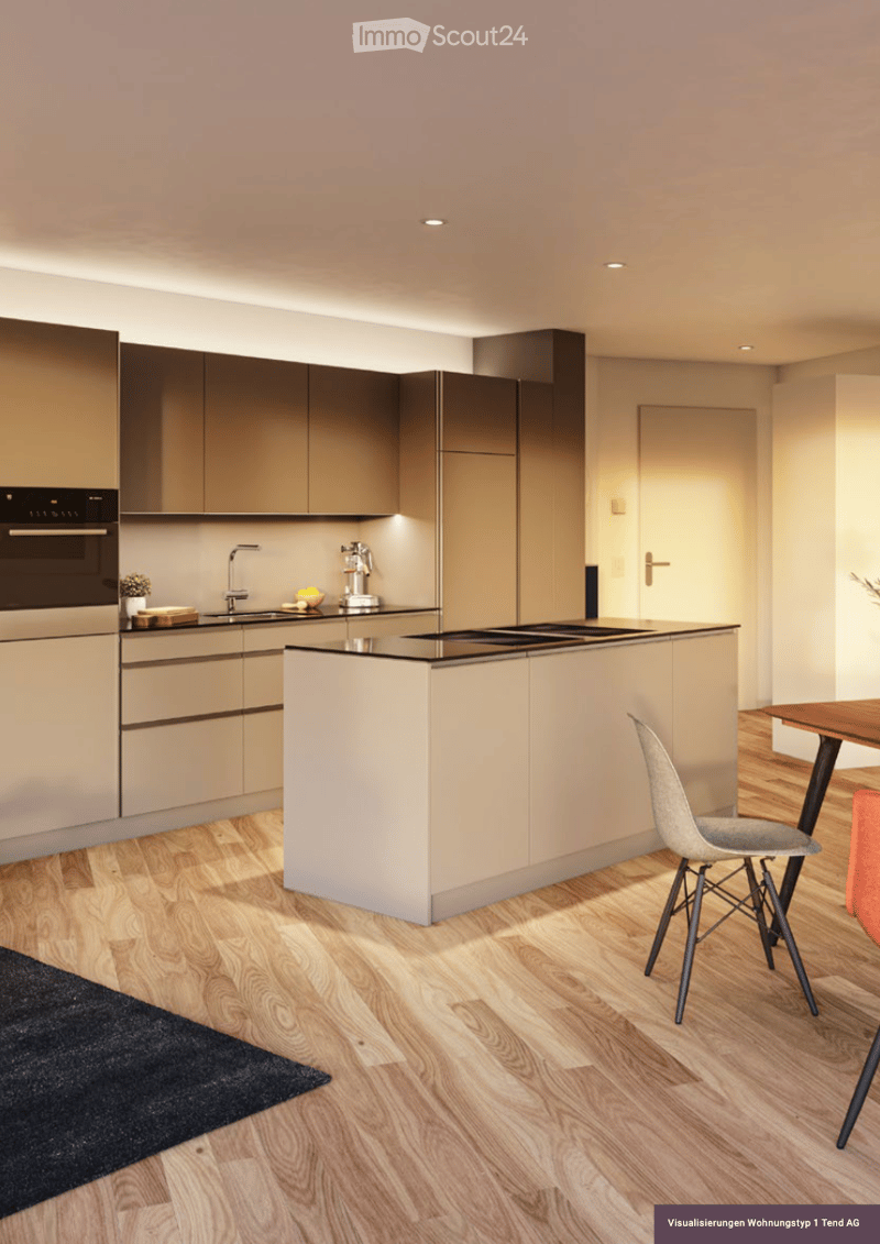 Kitchen. Modern kitchen with light wood flooring, sleek cabinetry, built-in oven, island with sink and countertop, and a small dining area with a table and chairs.