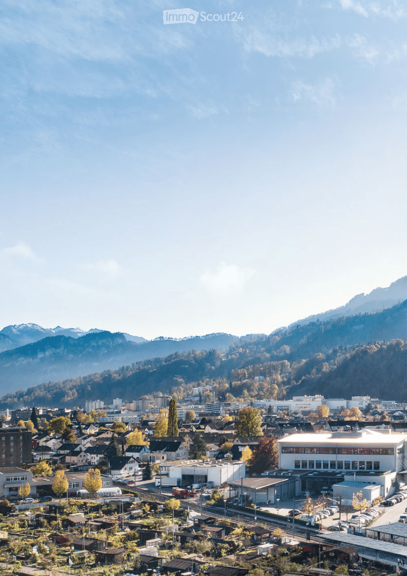 Building. A panoramic view of a town nestled in a valley with surrounding mountains, featuring residential houses, commercial buildings, and a parking lot.