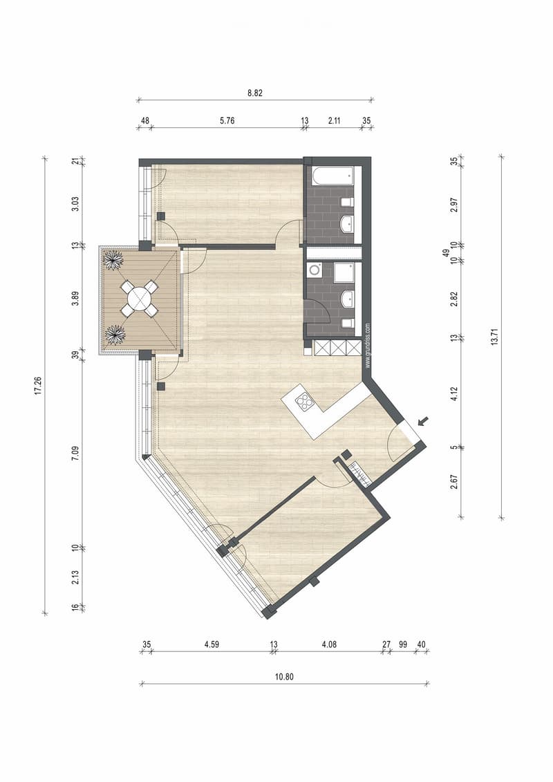 Floor Plan. Layout includes a living room, dining area, kitchen, bathroom, and bedroom. Dimensions are provided for each space.