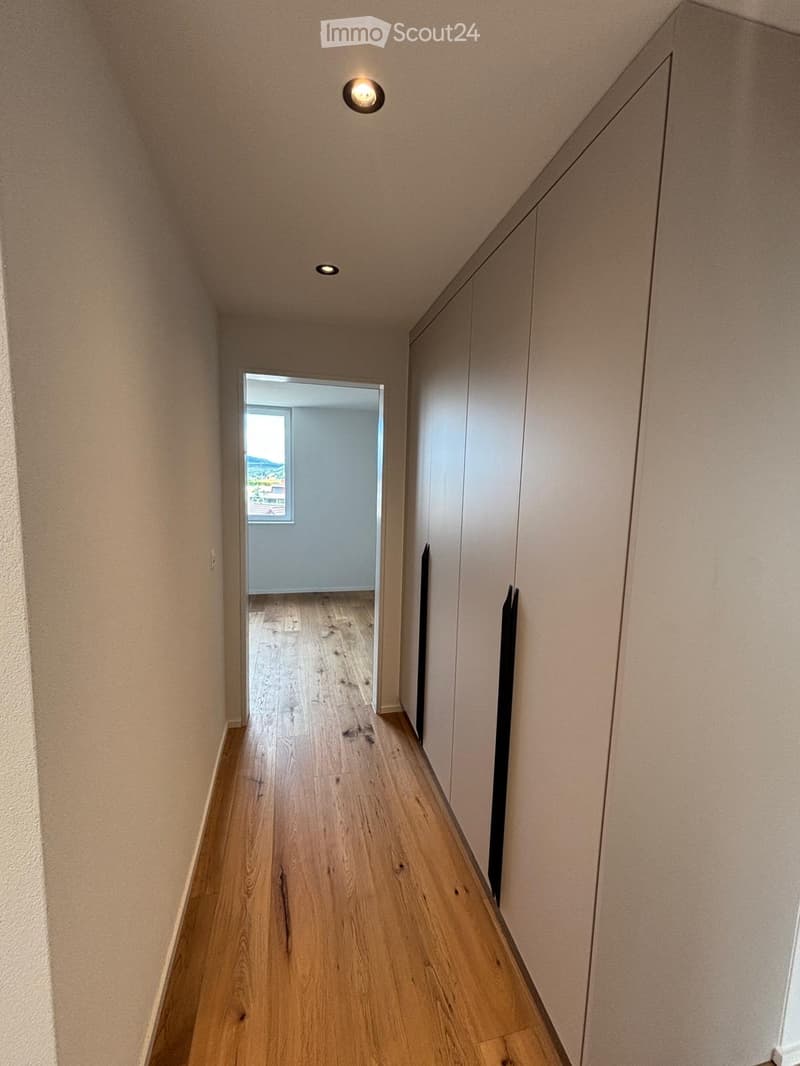 A narrow hallway with wooden flooring, light-colored walls, and built-in storage units on one side. The hallway leads to an open doorway with a view of a room beyond.