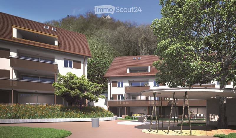Two story building, brown roof, balconies, outdoor seating area, large trees