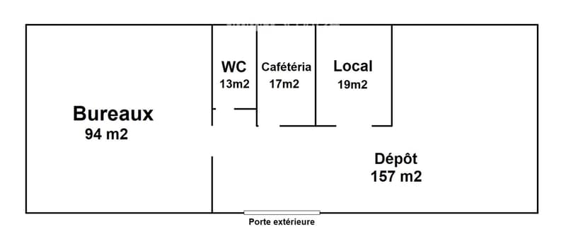 Layout includes a 94 m2 office area, a 13 m2 WC, a 17 m2 cafeteria, a 19 m2 local, and a 157 m2 storage area, with an exterior door.