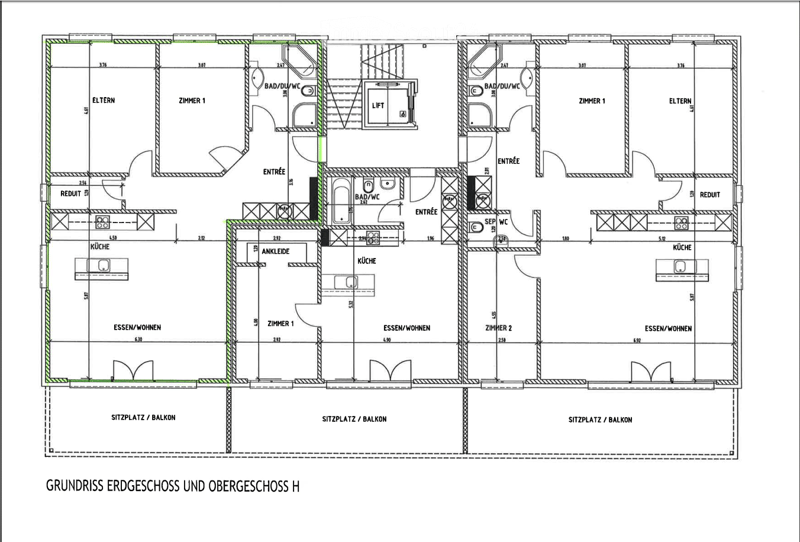 Floor plan of a two-story house with multiple rooms including living spaces, bedrooms, bathrooms, and balconies.