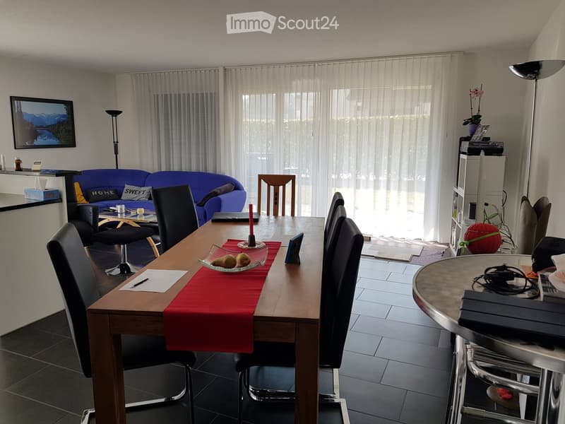 A modern living and dining area with a blue sofa, a wooden dining table with chairs, a small round table, and various decorative items including a picture frame and a flower vase.