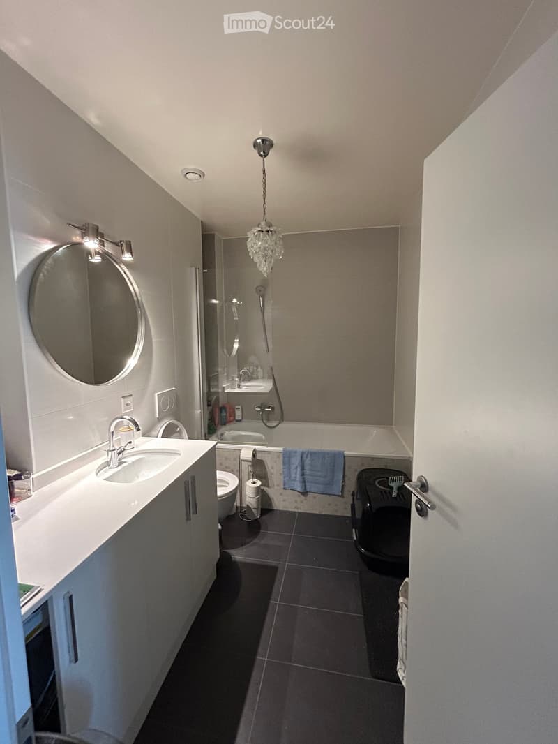 Modern bathroom with a white vanity, sink, mirror, toilet, and shower area. Features dark tiled flooring and a hanging light fixture.