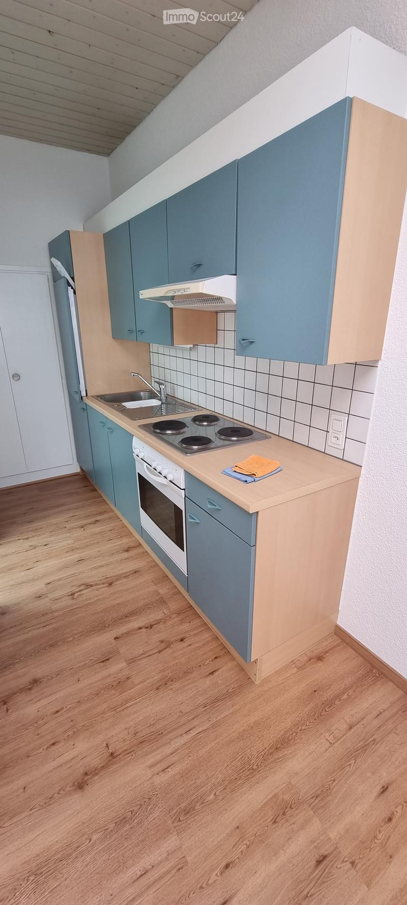 Modern kitchen with light blue and beige cabinets, a stainless steel sink, electric stove, and built-in oven. The floor is wooden, and the walls are tiled.