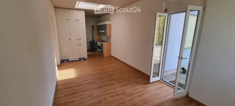 Empty room with wooden flooring, white walls, and a sliding glass door leading to a balcony. The room features built-in white cabinets and a small kitchen area with a sink and stove.