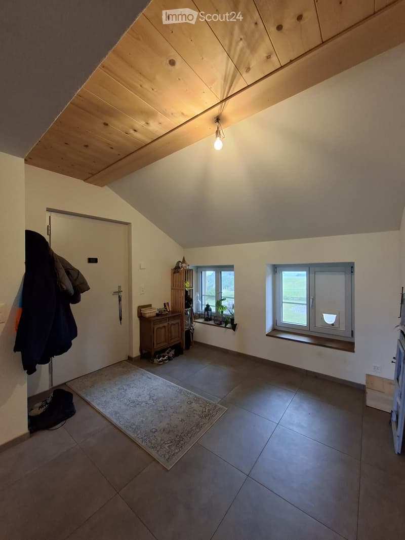 Attic room with slanted wooden ceiling, tiled floor, and two windows. Features a small cabinet, a rug, a coat rack, and a shoe rack.