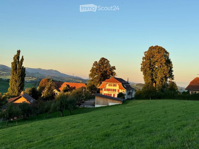 A cluster of traditional houses with red-tiled roofs and white walls, surrounded by lush green fields and tall trees, with distant mountains visible in the background.