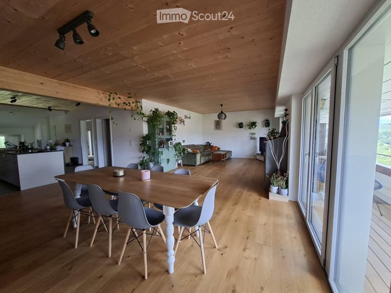Open-plan living and dining area with wooden flooring, a dining table with six chairs, a sofa, side table, kitchen area with cabinets, and potted plants.