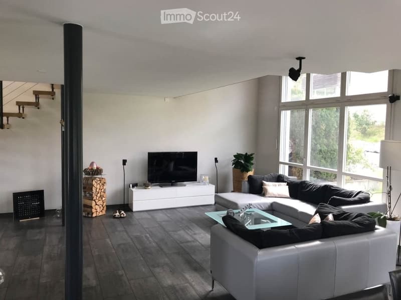 Modern living room with large windows, grey sectional sofa, glass coffee table, flat-screen TV on white stand, side table with lamp, and decorative plant in a wicker basket.
