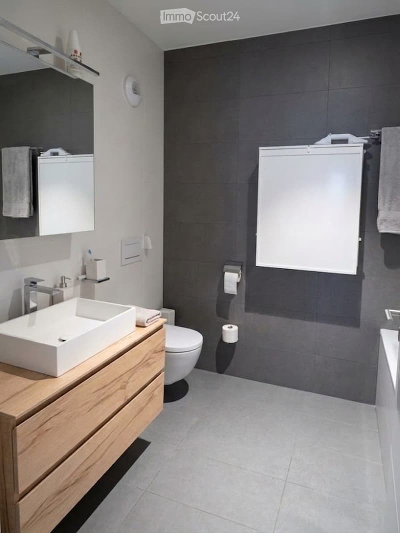 Modern bathroom with a white sink on a wooden cabinet, a toilet, a mirror, and a towel on the wall. The walls are tiled in dark gray, and the floor is light gray tile.