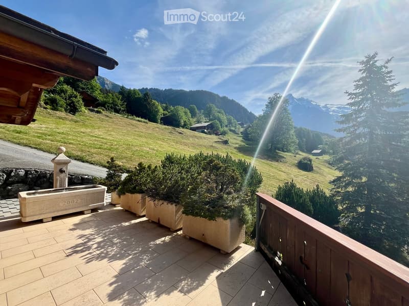 Balcony with wooden railing, potted plants, and scenic mountain view.