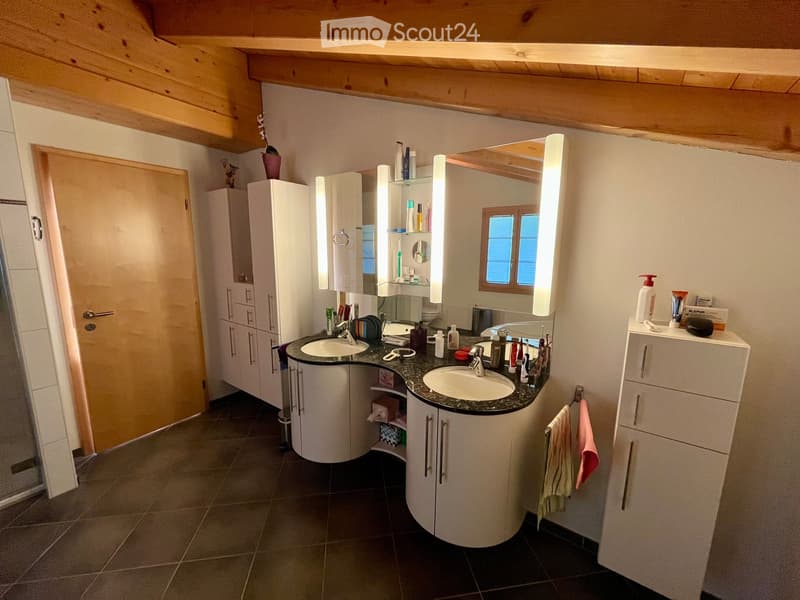 Modern bathroom with double sink vanity, mirrored cabinets, and various toiletries.
