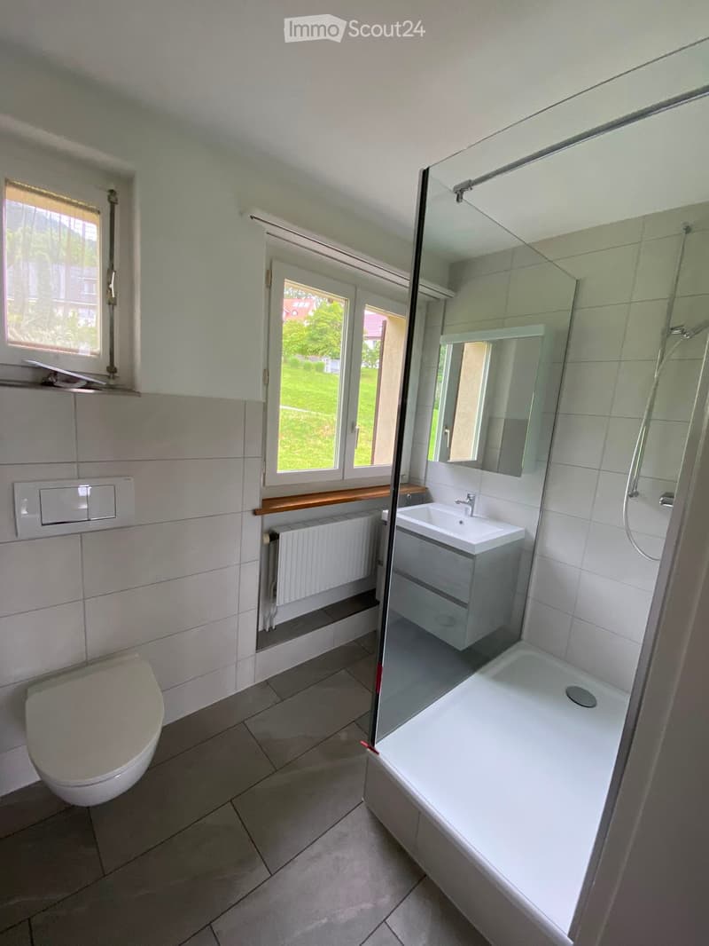 Modern bathroom with tiled walls, a toilet, a sink with a cabinet, a bathtub, a radiator, and a large mirror above the sink.