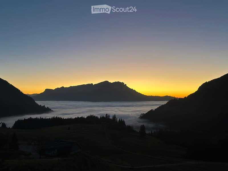 Panoramic view of a valley at sunrise, with mist-filled fields, distant mountains, and scattered trees.