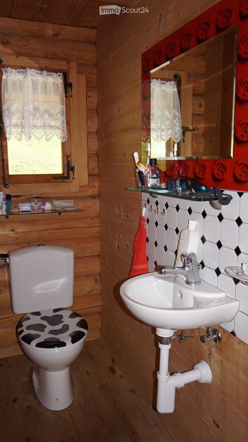 Cozy wooden bathroom with a toilet, sink, mirror, and personal care items on a glass shelf. The toilet seat has a black and white cow print cover.