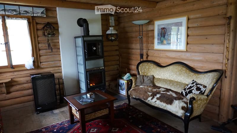 Cozy living room with wooden walls, a patterned sofa, coffee table, fireplace, floor lamp, and decorative items.