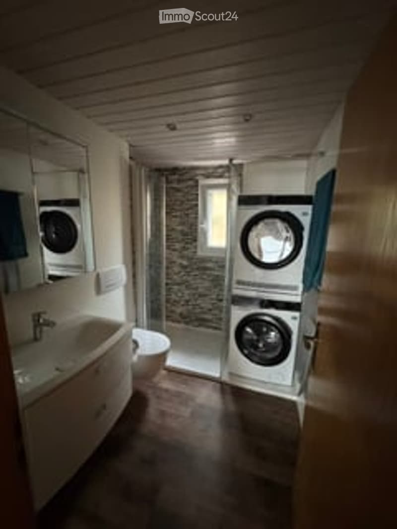 Bathroom with a sink, mirror, toilet, shower, and a washing machine. The walls are tiled, and the floor is wooden.
